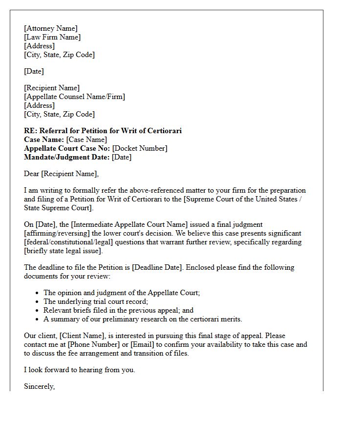 Certiorari Petition Appellate Referral Letter