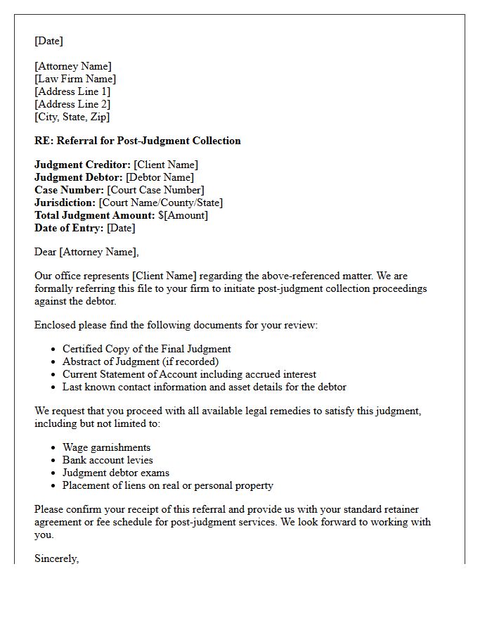 Standard Post-Judgment Collections Counsel Referral Letter
