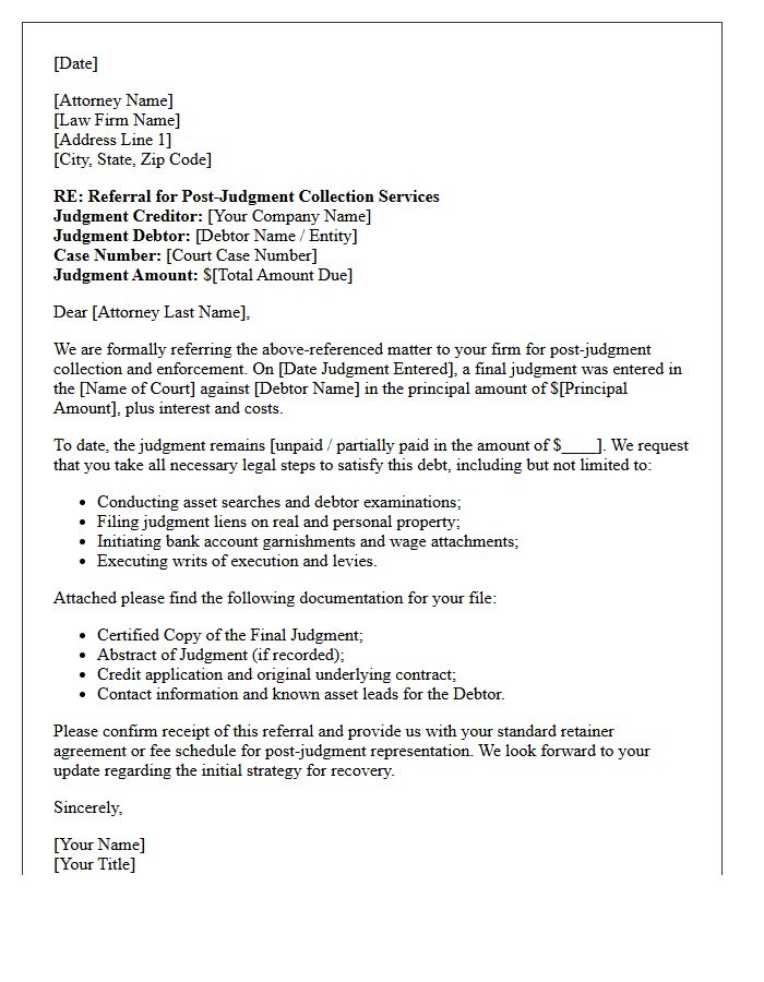 Commercial Debt Post-Judgment Collections Counsel Referral Letter