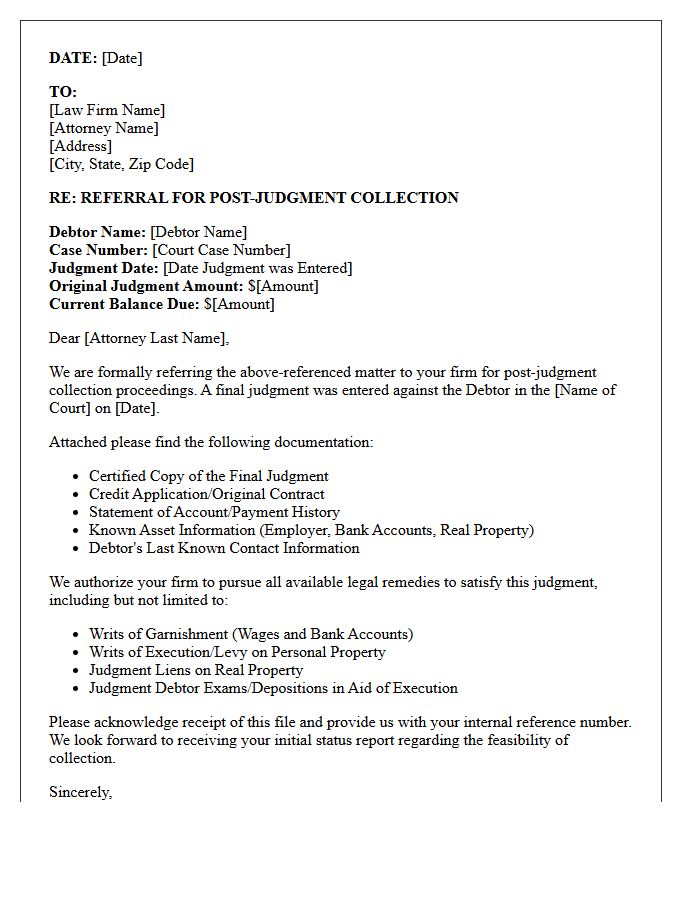 Consumer Debt Post-Judgment Collections Counsel Referral Letter