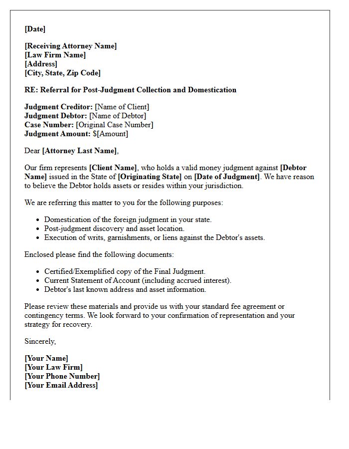 Out-Of-State Post-Judgment Collections Counsel Referral Letter