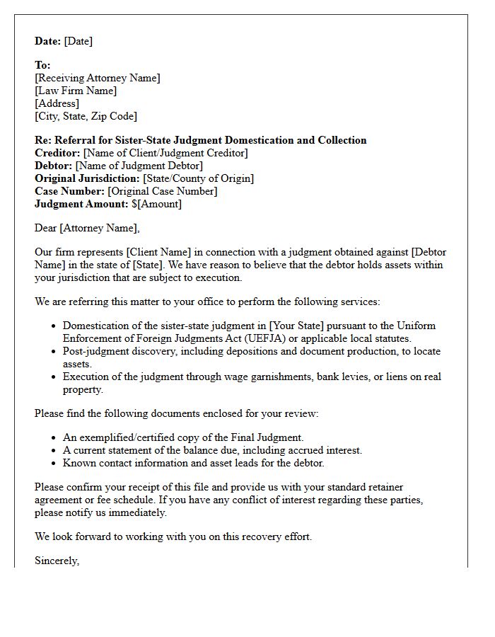 Sister-State Domestication Post-Judgment Collections Counsel Referral Letter