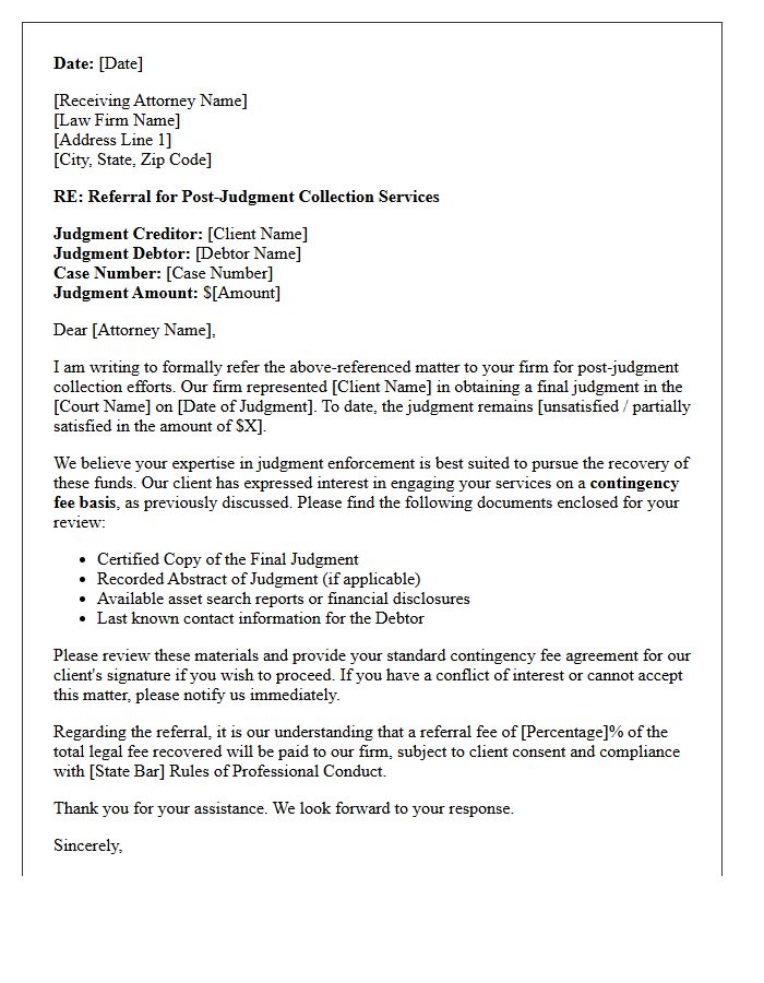 Contingency Fee Post-Judgment Collections Counsel Referral Letter