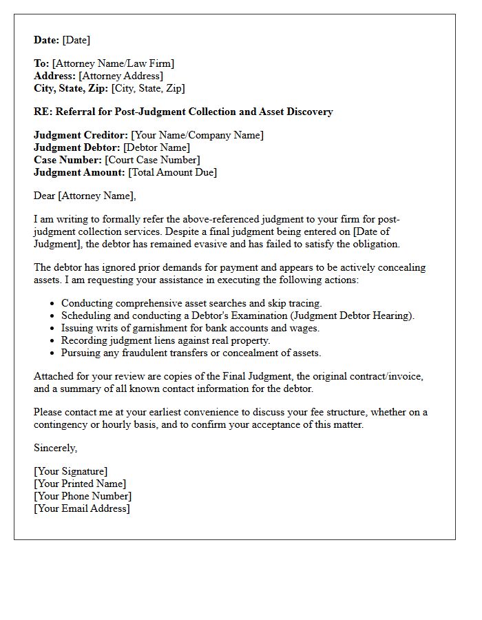 Evasive Debtor Post-Judgment Collections Counsel Referral Letter