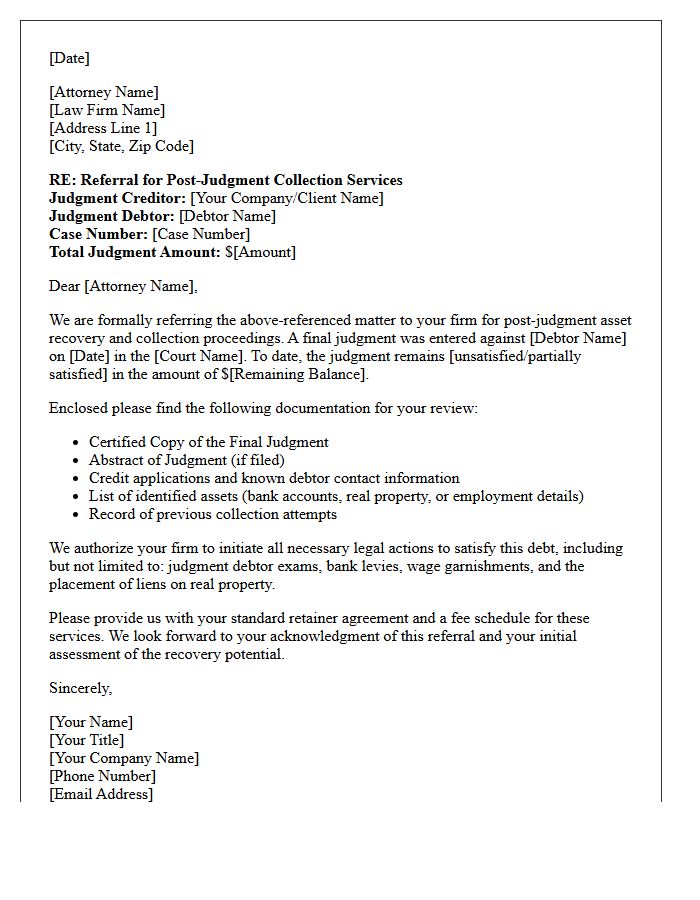 Asset Recovery Post-Judgment Collections Counsel Referral Letter