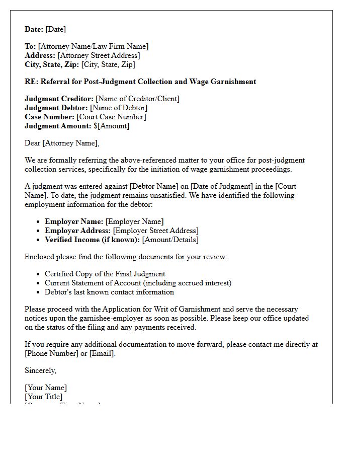 Wage Garnishment Post-Judgment Collections Counsel Referral Letter
