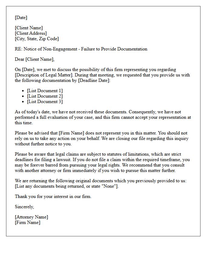 Failure to Provide Documentation Non-Engagement Letter