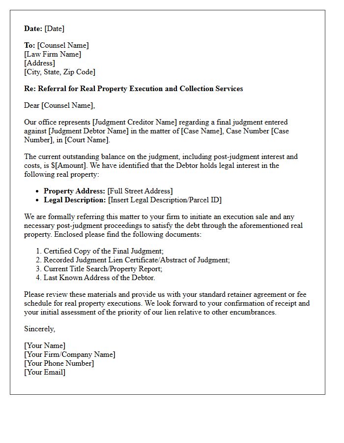 Real Property Execution Post-Judgment Collections Counsel Referral Letter