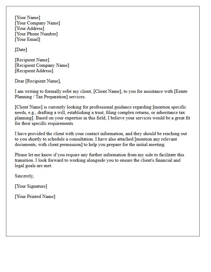 Estate Planning And Tax Preparation Referral Letter