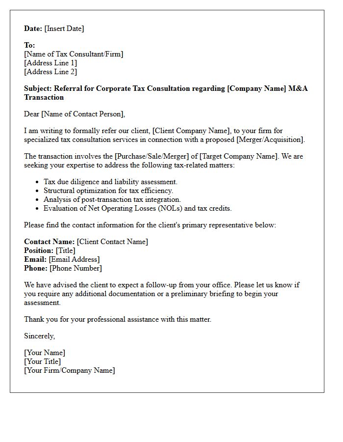 Corporate Merger And Acquisition Tax Consultation Referral Letter
