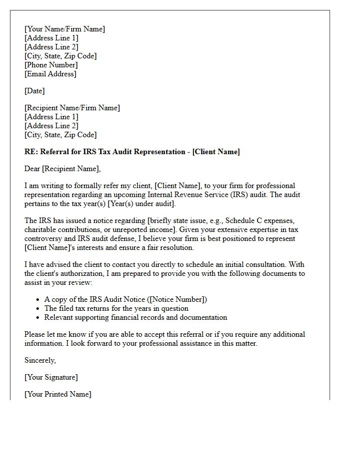 Internal Revenue Service Tax Audit Representation Referral Letter