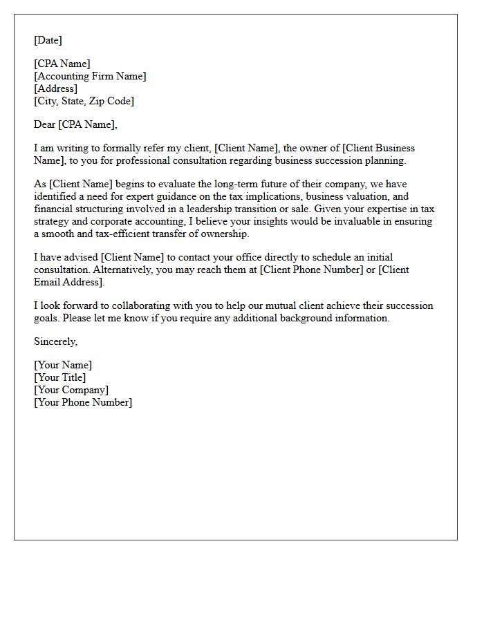 Business Succession Planning CPA Referral Letter