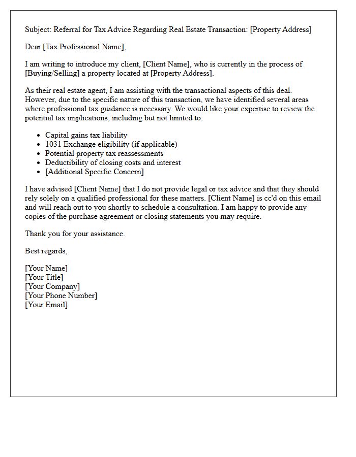 Real Estate Transaction Tax Implication Referral Letter