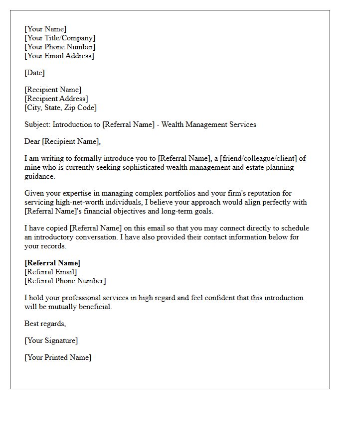 High Net Worth Wealth Management Referral Letter