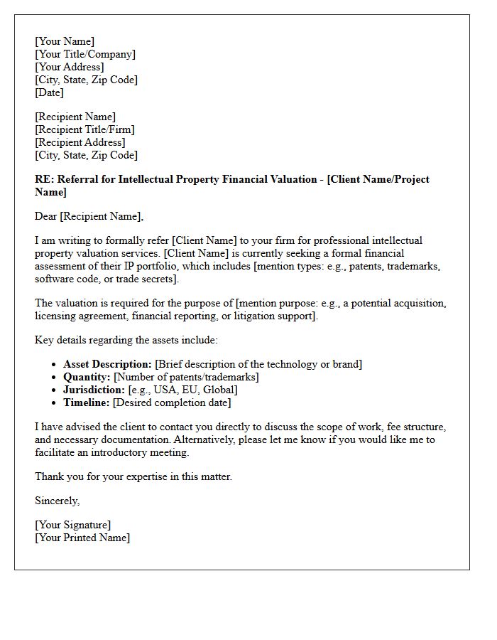 Intellectual Property Financial Valuation Referral Letter