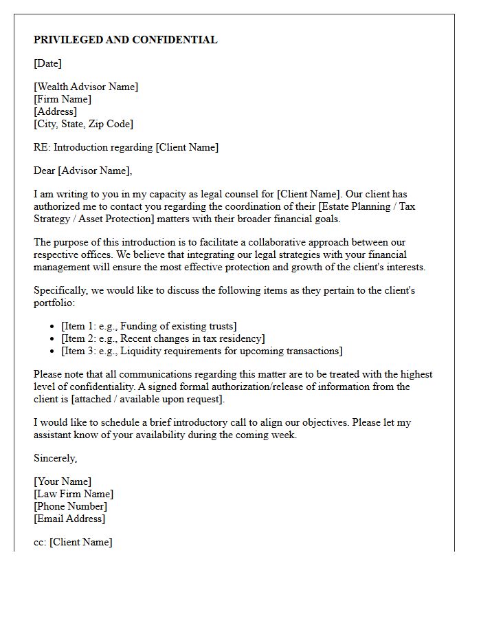 Confidential Introduction Letter from Legal Counsel to a Wealth Advisor