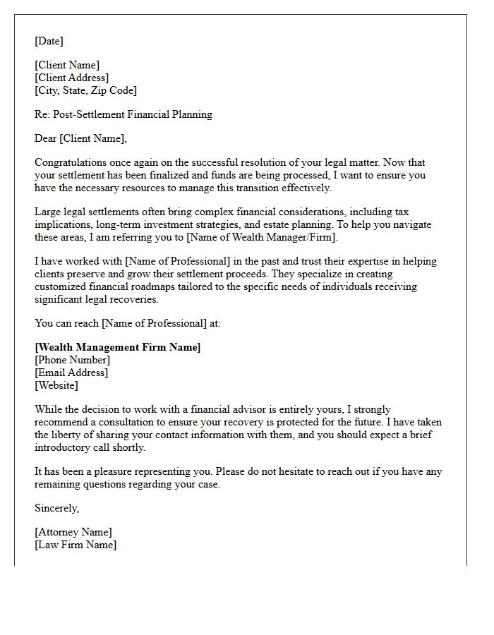 Post-Settlement Wealth Management Referral Letter for a Legal Client