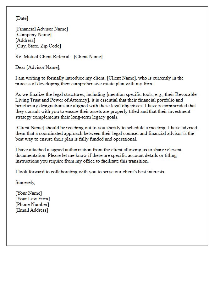 Trust and Estate Attorney Referral Letter to a Financial Partner