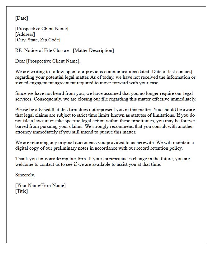 Unresponsive Prospective Client Matter Closure Letter