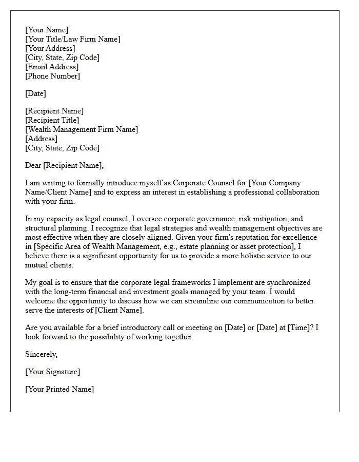 Corporate Counsel Introduction Letter for Wealth Management Collaboration
