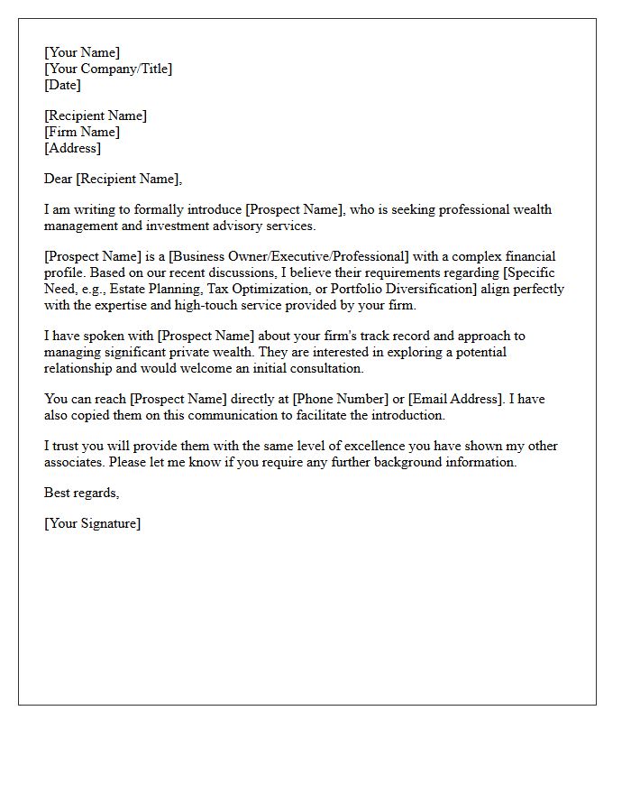 High Net Worth Client Referral Letter to a Wealth Management Firm