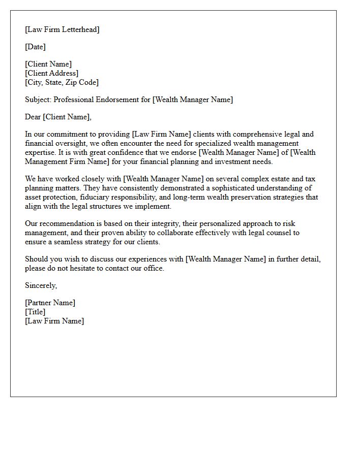 Law Firm Endorsement Letter for a Wealth Management Professional