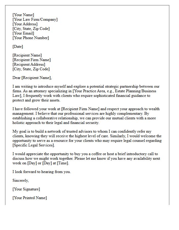 Strategic Partnership Introduction Letter Between an Attorney and Wealth Advisor