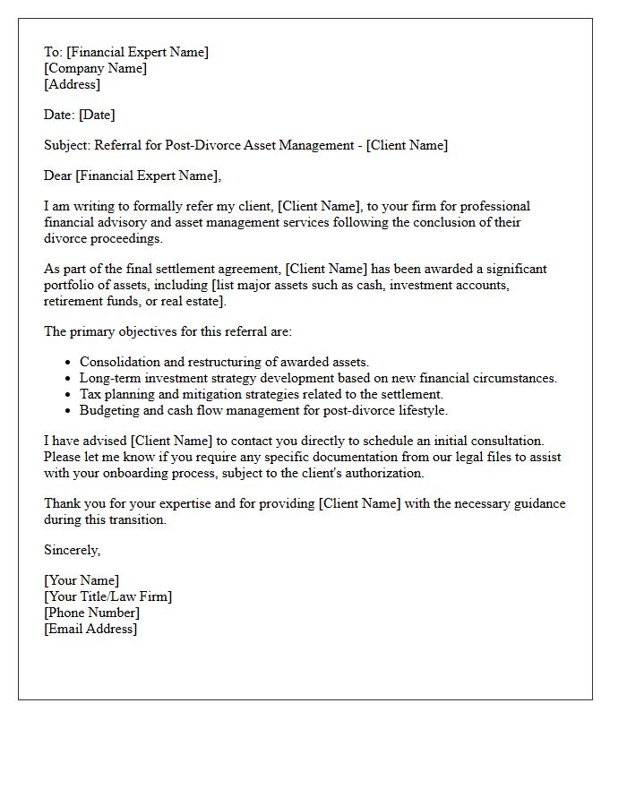 Divorce Settlement Asset Management Referral Letter to a Financial Expert