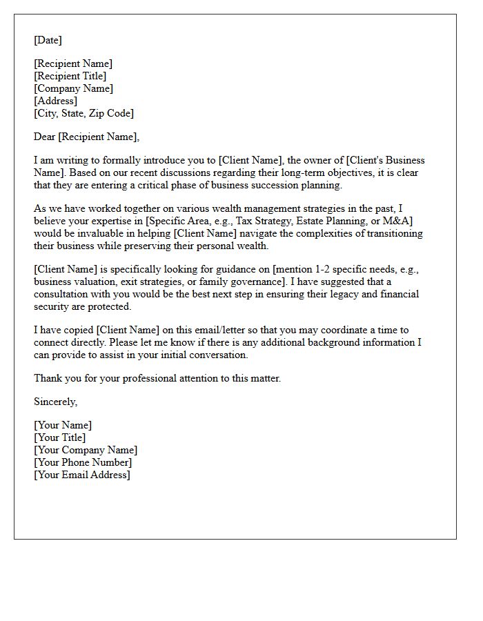 Business Succession Planning Referral Letter for Wealth Management Advisory