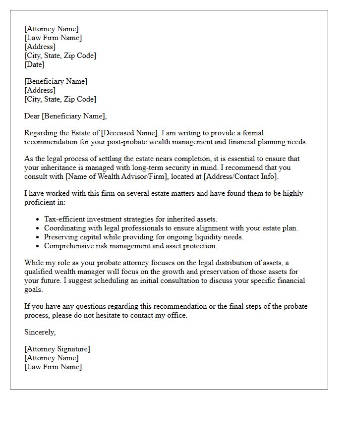 Probate Attorney Recommendation Letter for Beneficiary Wealth Management