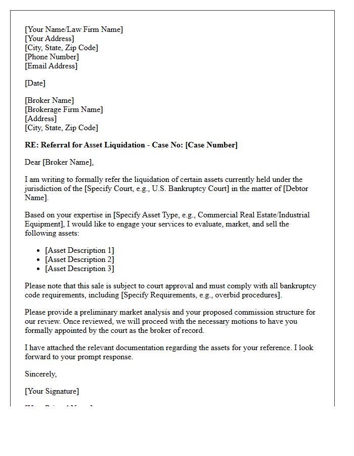 Bankruptcy Asset Liquidation Broker Referral Letter