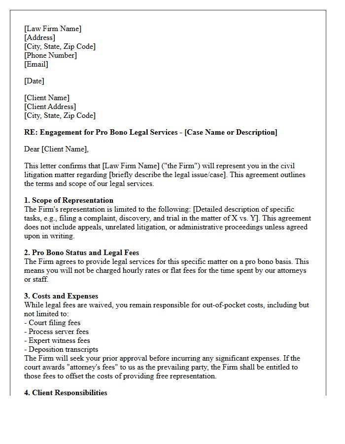 Civil Litigation Pro Bono Legal Services Engagement Letter