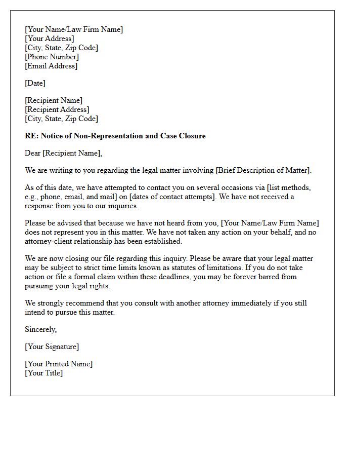 Confirmation of Non-Representation and Unresponsiveness Letter