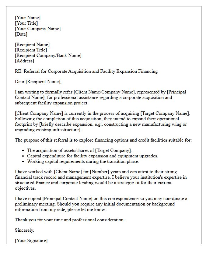 Corporate Acquisition Facility Expansion Referral Letter