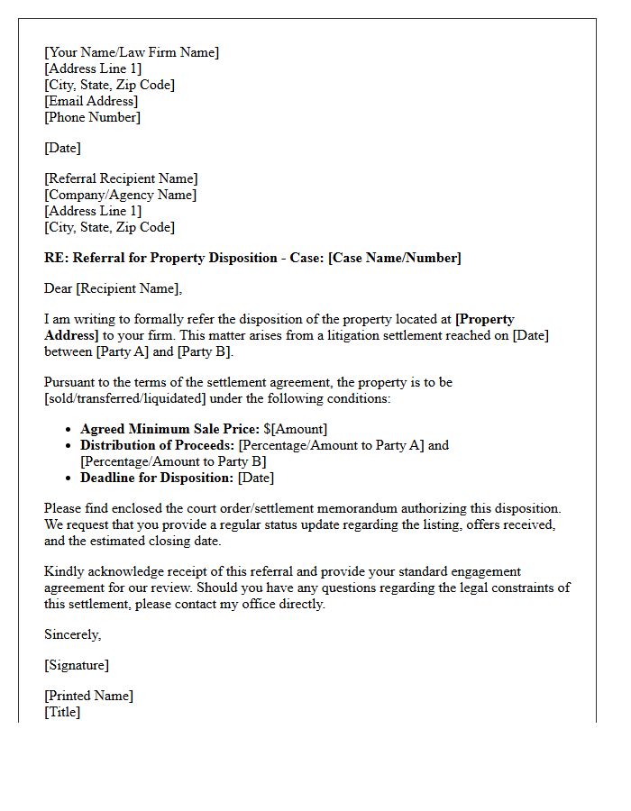 Litigation Settlement Property Disposition Referral Letter