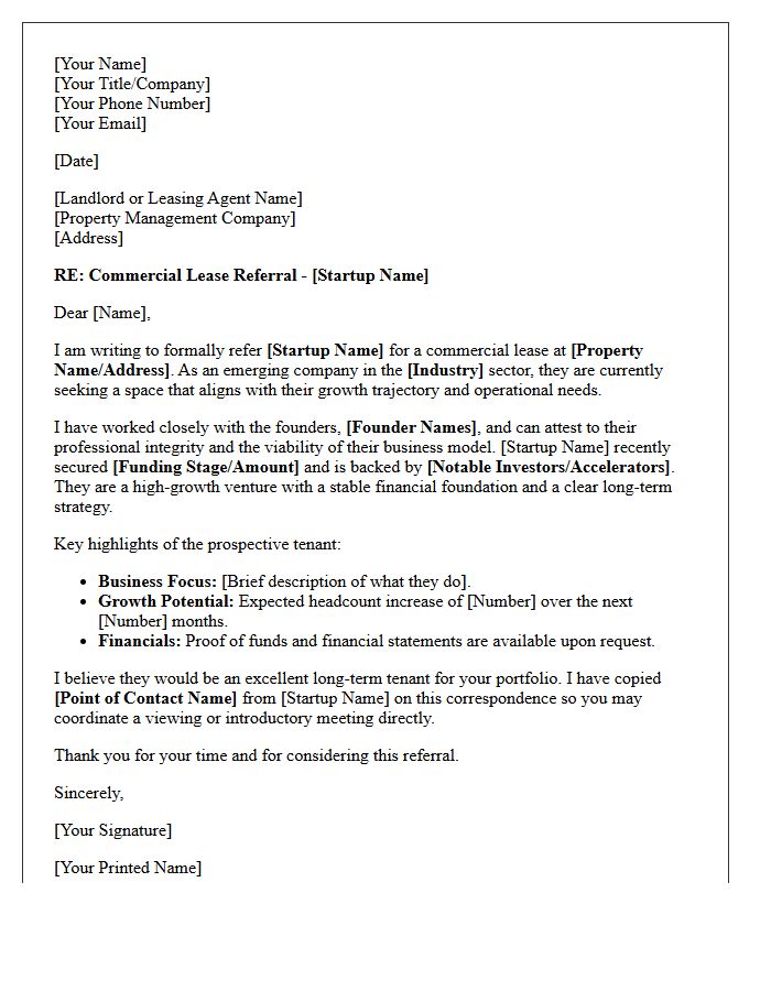 Emerging Startup Commercial Lease Referral Letter