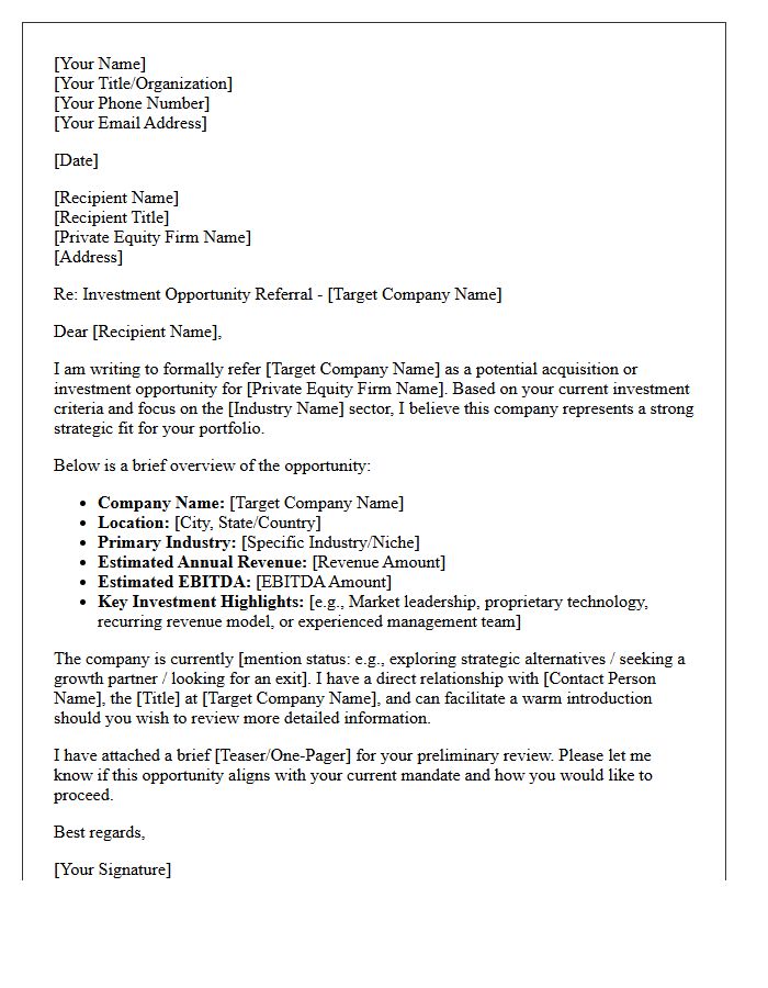 Private Equity Investment Acquisition Referral Letter
