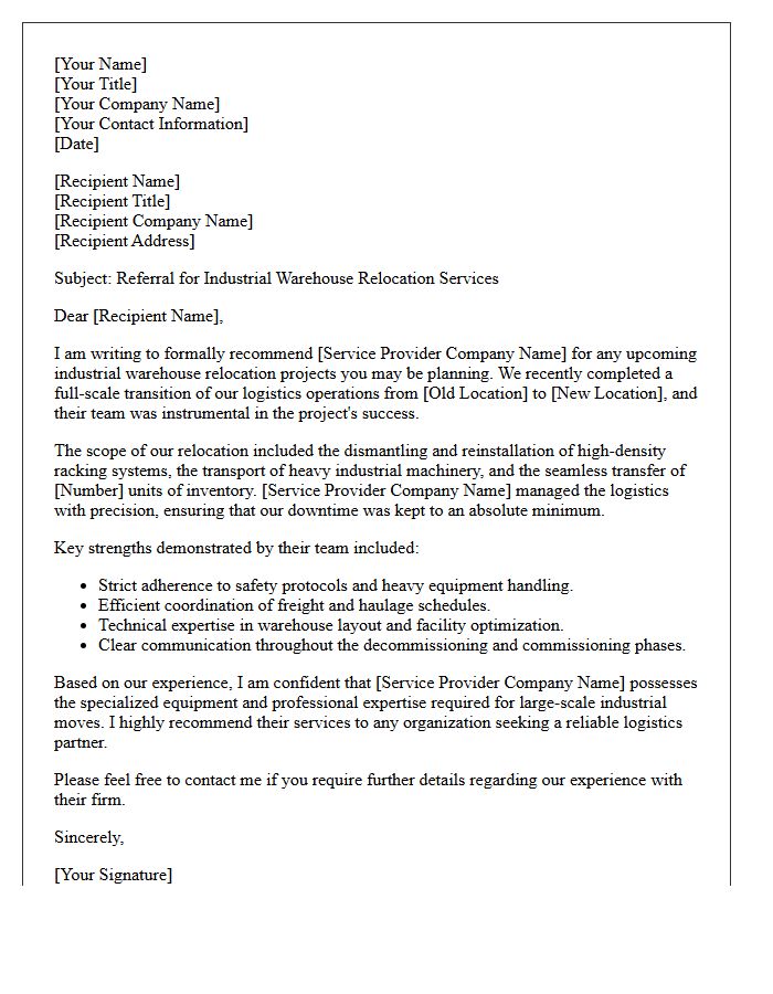 Industrial Warehouse Logistics Relocation Referral Letter