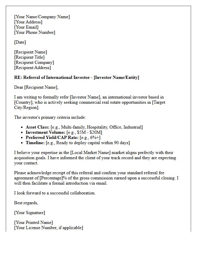 International Investor Commercial Broker Referral Letter