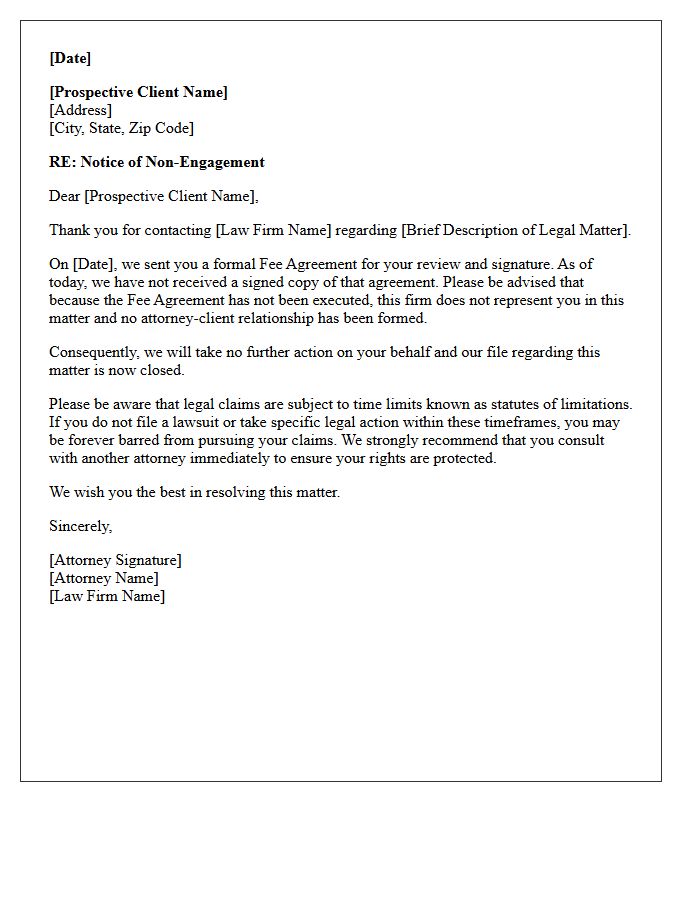 Unexecuted Fee Agreement Non-Engagement Letter