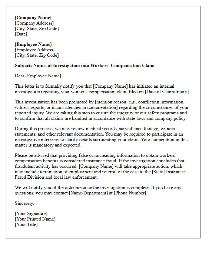 Workers Compensation Fraud Investigation Letter