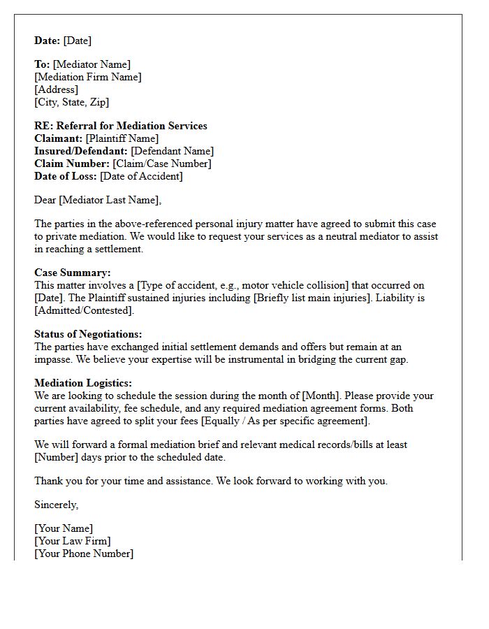 Personal Injury Settlement Referral Letter to Professional Mediator