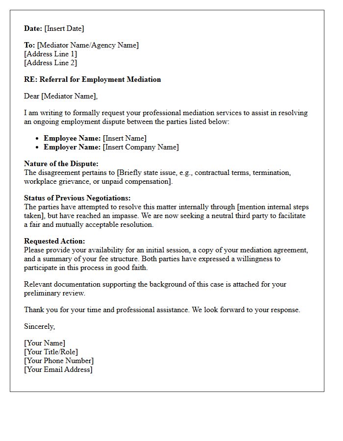 Employment Dispute Referral Letter to Professional Mediator