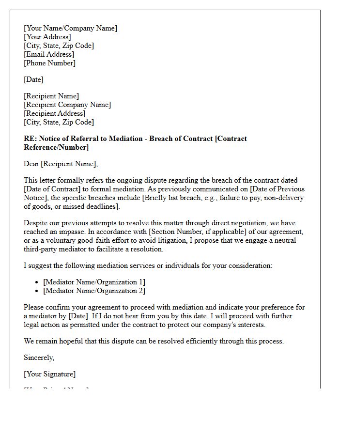 Commercial Breach of Contract Mediation Referral Letter