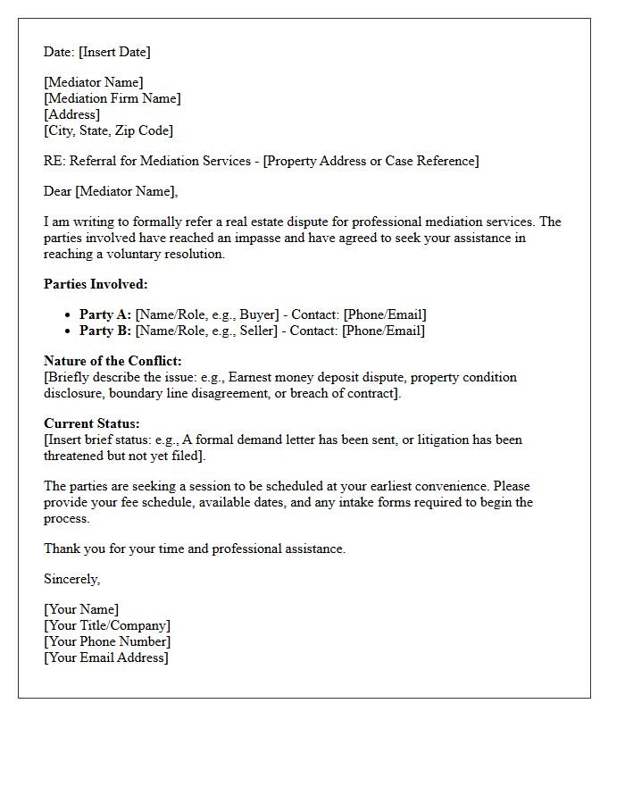 Real Estate Conflict Referral Letter to Professional Mediator