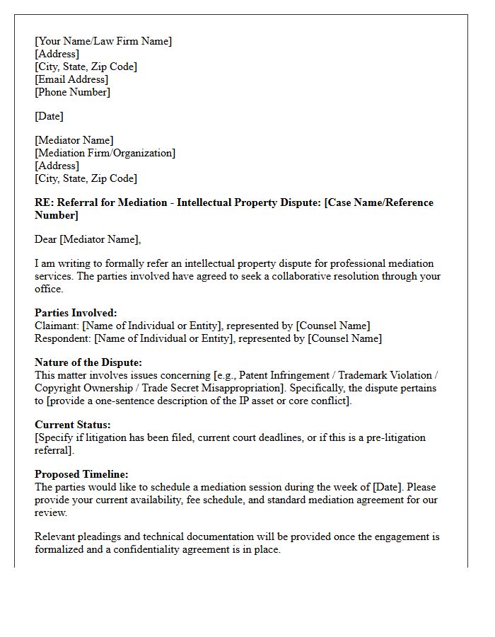 Intellectual Property Dispute Referral Letter to Professional Mediator
