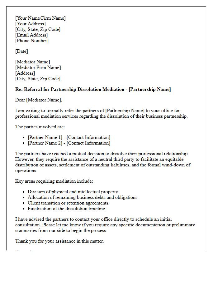 Partnership Dissolution Referral Letter to Professional Mediator