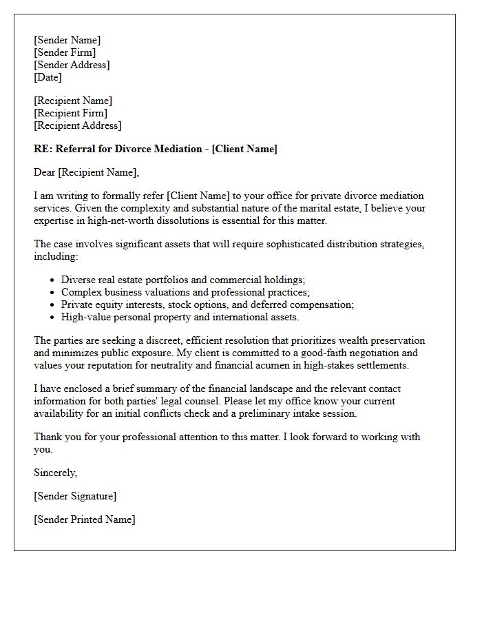 High Net Worth Divorce Mediation Referral Letter