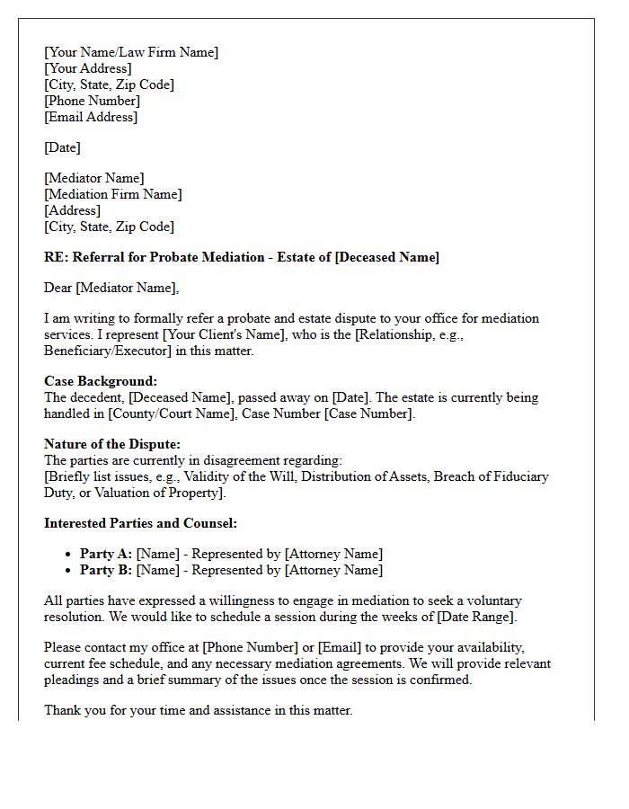 Estate and Probate Dispute Referral Letter to Professional Mediator