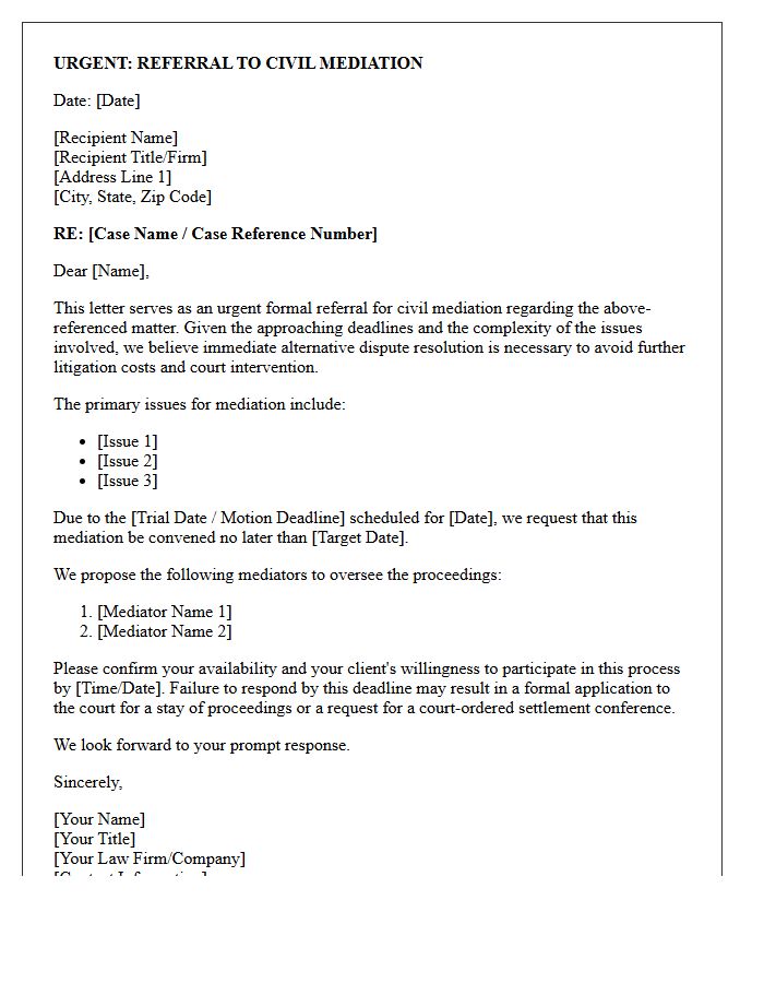 Urgent Civil Litigation Mediation Referral Letter
